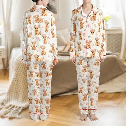 Boho Farmhouse Style Highland Cow Pink Floral Print Cozy Pajama Set Satin Pajamas Set