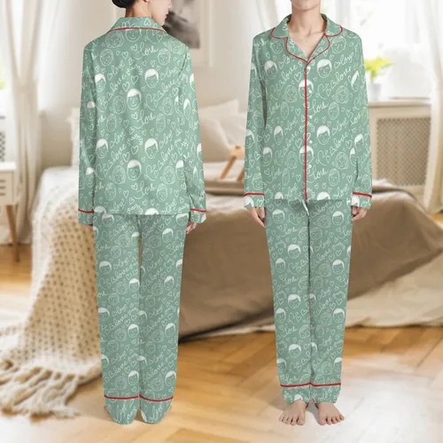 Customized Family & Couple Pajamas: Sage Green Face & Love Pattern Satin Sleep Set Satin Pajamas Set