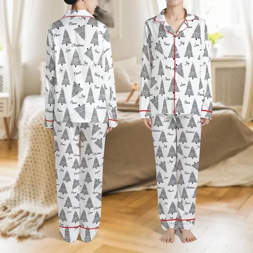 Christian Family Custom Jesus Names Typographic Christmas Tree 2025 Holiday Sleepwear Satin Pajamas Set