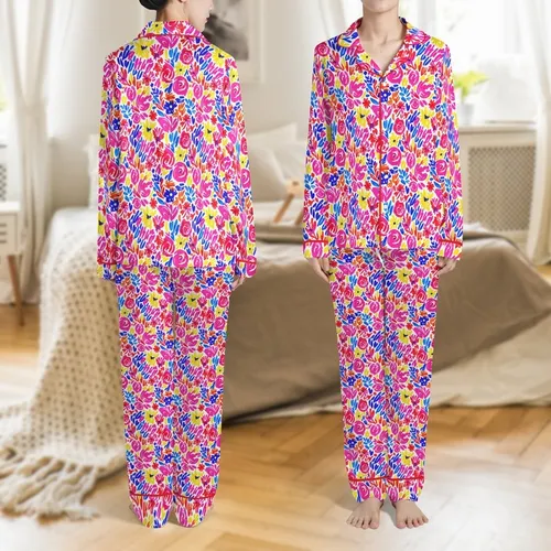 Women's Soft Rayon Button Down Pajama Set: Vibrant Floral Print Short Sleeve Pants Gift Satin Pajamas Set