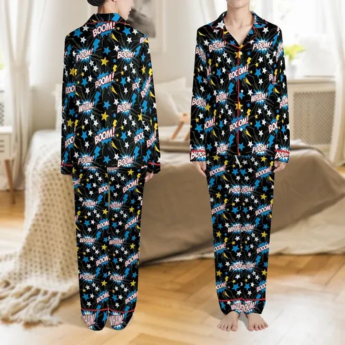 Kids' Comic Pop Art Pajamas Sewing Pattern: Stars, Lightning & 'WHAM!' T-Shirt Jogger Set Satin Pajamas Set