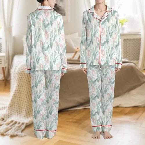 Men's Sage Green Organic Abstract Softened Linen Pajama Set - Watercolor Botanical Print Satin Pajamas Set