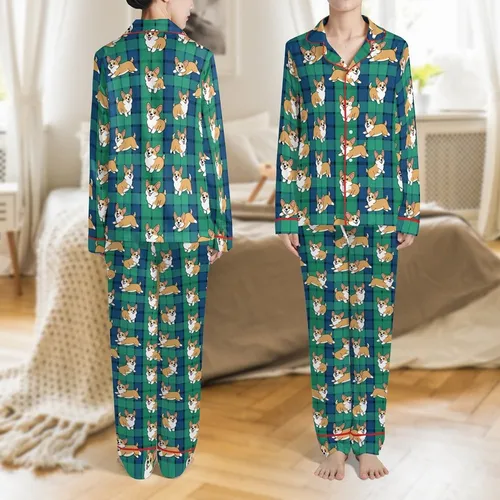 Men's Pembroke Welsh Corgi Pajama: Funny Green Plaid Dog Lover Loungewear Gift Satin Pajamas Set
