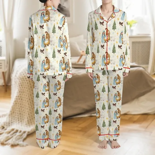 Christian Christmas Loungewear: Watercolor Nativity Scene, Baby Jesus & Golden Cross Sleep Set Satin Pajamas Set