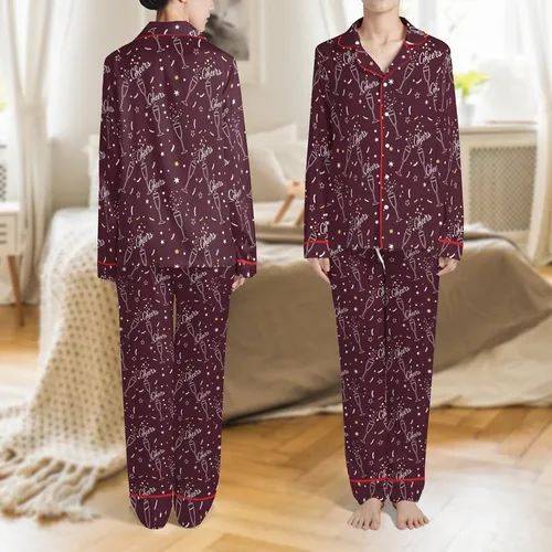 Women's Personalized Bridesmaid & Bridal Party: Elegant "Cheers" Champagne Flute Maroon Satin Pajama Set Satin Pajamas Set
