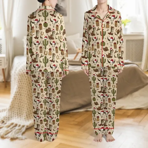Men's Cowboy Christmas Pajamas: Western Hat & Cactus Print Polyester Sleep Bottoms Satin Pajamas Set
