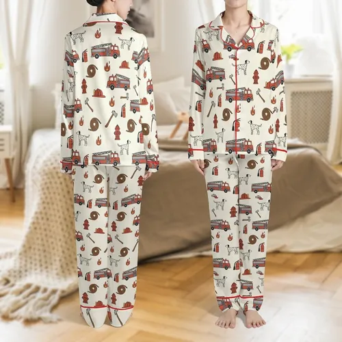 Toddler & Kids Unisex Firehouse Friends Hand-Drawn Rusty Red Firetruck Dalmatian Bamboo Pajamas Satin Pajamas Set