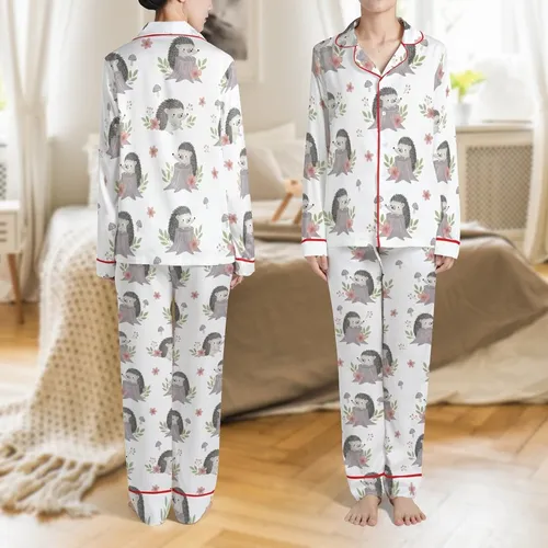Kids' Whimsical Watercolor Hedgehog Woodland Print Long Sleeve Cotton Pajamas Satin Pajamas Set