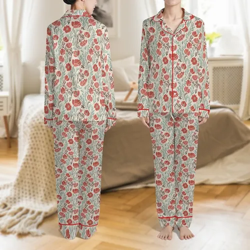 Designers' Pajama Mockup: Winter Botanical Rose & Terracotta Floral PNG PSD Satin Pajamas Set