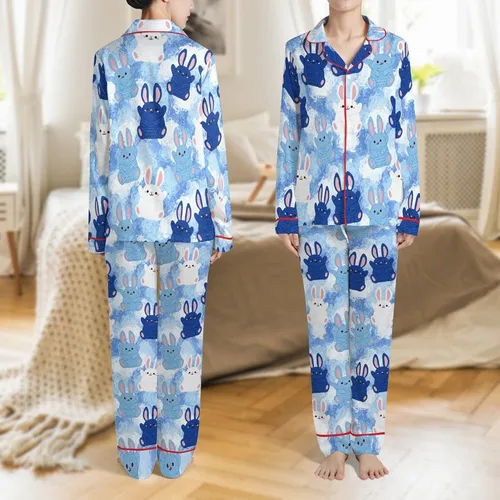 Playful Amigurumi Bunny Pajamas: Seamless Blue & White Crochet Knit Pattern Sleep Set Satin Pajamas Set
