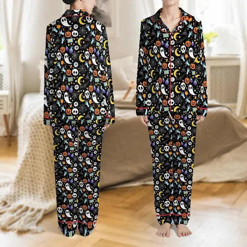Kids Personalized Glow-in-Dark Skeleton, Ghost & Pumpkin Pattern Halloween Pajama Set Satin Pajamas Set