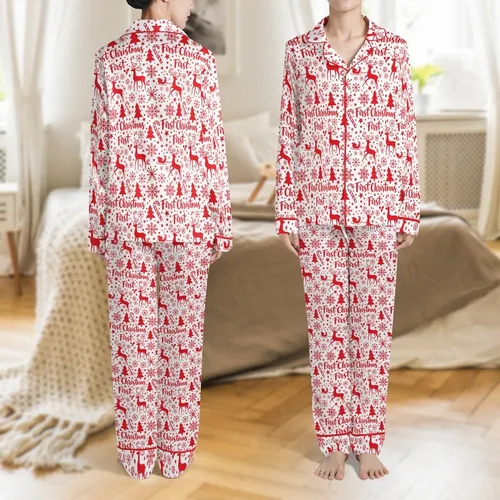 Family's First Christmas Personalised Sleep Set: Red & White Fair Isle Reindeer & Snowflake Cotton Loungewear Satin Pajamas Set