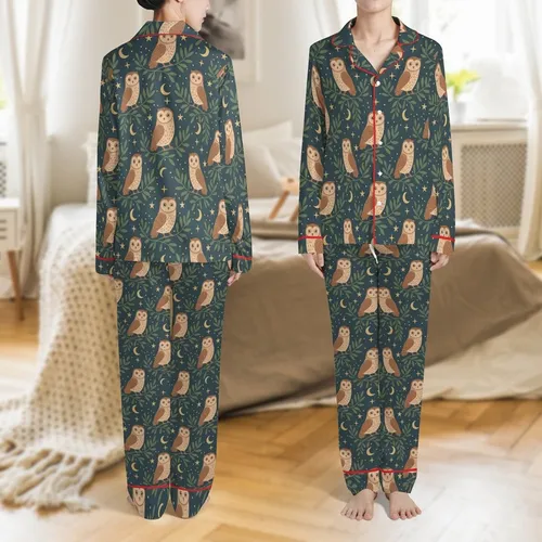 Cozy Family Matching: Whimsical Barn Owl, Olive Leaf, Golden Moon Sleep Set Satin Pajamas Set