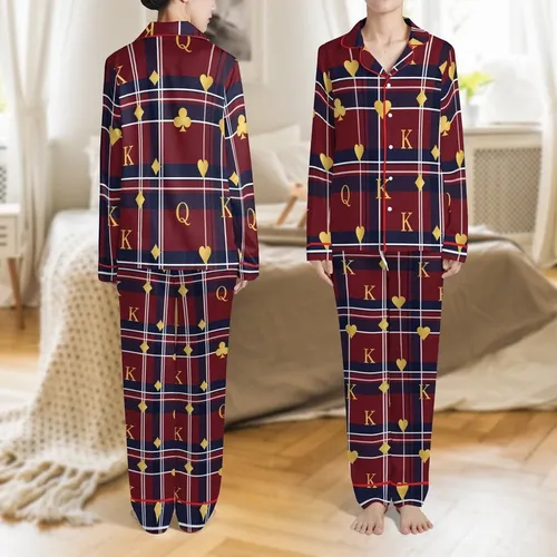 King & Queen Couples Metallic Gold Red Navy Tartan Flannel Sleep Set - Valentine's Gift Satin Pajamas Set