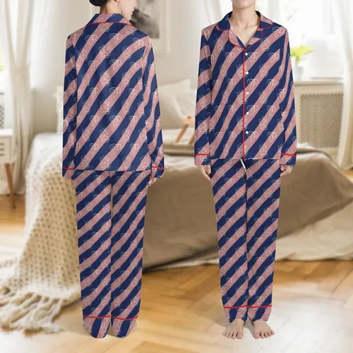 Custom Pet Silk Pajamas: Paw Print P Monogram - Navy Pink Stripe Satin Pajamas Set