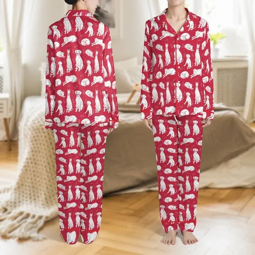 Great Dane Lovers' Whimsical White Line Art Playful Sleepy Great Danes & Bones Cherry Red Pattern Satin Pajamas Set
