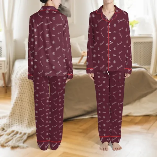Bride-to-Be Elegant White Script 'Gabriella' Serif 'Bride' Date Monogram Maroon Pattern Satin Pajamas Set
