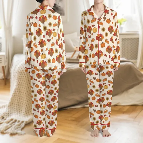 Autumn Lovers' Whimsical Hand-Drawn Thanksgiving Pattern with Cartoon Turkeys, Pumpkin Pie, Sunflowers, Fall Leaves on Cream Satin Pajamas Set