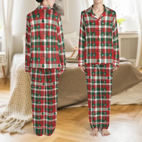Family Holiday Traditional Christmas Tartan Plaid Forest Green Red White Holly Snowflake Design Satin Pajamas Set