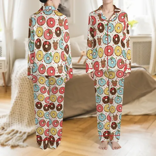 Holiday Enthusiasts' Whimsical Flat Graphic Christmas Donut Pattern: Reindeer, Red, Blue, Yellow Frosted with Sprinkles & Holly Satin Pajamas Set