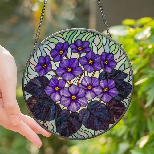 Floral Art Lovers' Glowing Stained Glass Bloomed African Violet Royal Purple Teal Lavender Golden Orange Mosaic Stained Glass Suncatcher