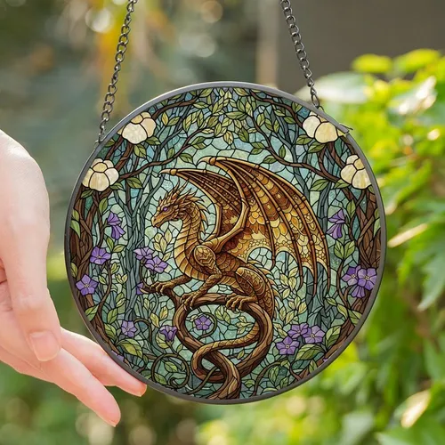 Fantasy Art Lovers' Majestic Stained Glass Dragon Forest Jewel Tones Golden Amber Violet Design Stained Glass Suncatcher
