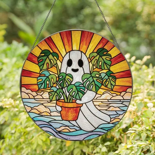 Whimsical Decor Enthusiasts: Jewel-Toned Stained Glass Ghost & Monstera Sunset Water Mosaic Stained Glass Suncatcher