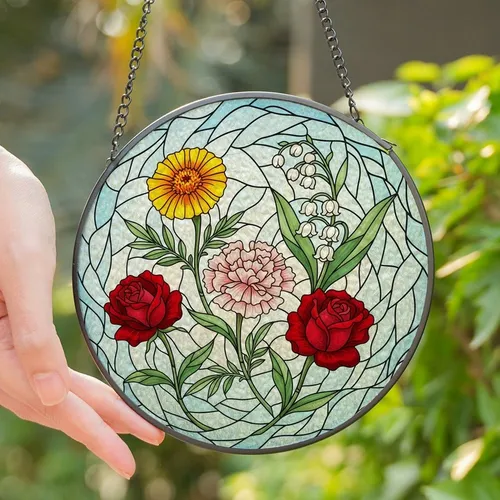 Stained Glass Art Lovers' Edge-to-Edge Tiffany Floral Mosaic Yellow Marigold Pink Carnation White Lily Red Rose Blue Sky Stained Glass Suncatcher