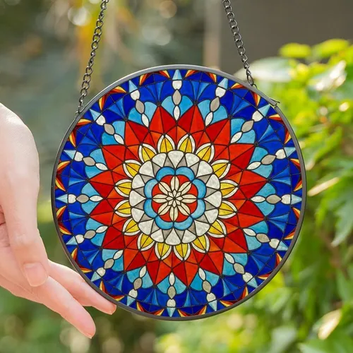 Art Lovers' Glowing Stained Glass Mandala Intricate Radiating Floral Mosaic Red Orange Blue White Stained Glass Suncatcher