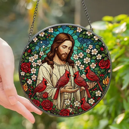 Art Enthusiasts' Jewel-Toned Stained Glass Jesus Cardinal Floral Garden Mosaic Stained Glass Suncatcher