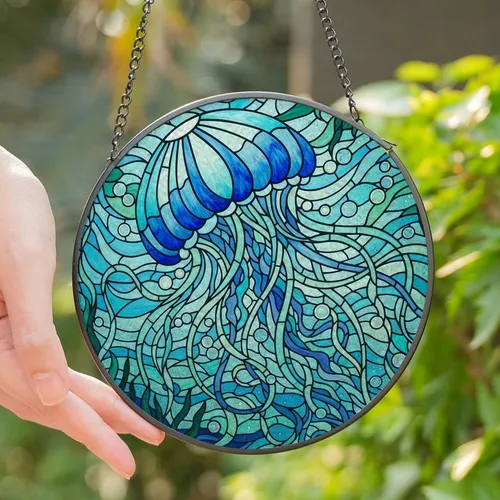 Ocean Enthusiasts' Detailed Tiffany Stained Glass Jellyfish Aquamarine Sapphire Blue Underwater Mosaic Pattern Stained Glass Suncatcher
