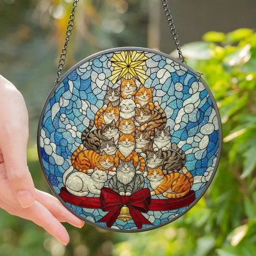 Cat Lovers' Tiffany Stained Glass Feline Christmas Tree Jewel Tone Blue White Swirl Mosaic Stained Glass Suncatcher