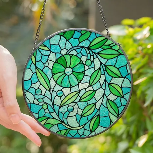 Art Lovers' High Contrast Tiffany Style Stained Glass Emerald Aqua Blue Floral Mosaic Stained Glass Suncatcher