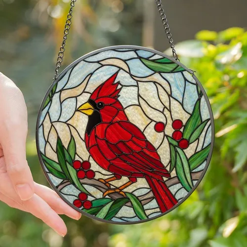 Nature Art Lovers' Tiffany Stained Glass Cardinal Bird Mosaic Deep Red Berries Jewel Tone Ethereal Sky Stained Glass Suncatcher