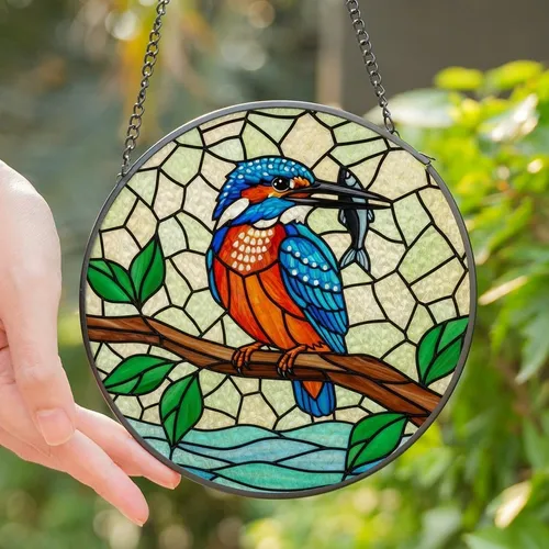 Nature Lovers' Tiffany Stained Glass Kingfisher, Electric Blue & Red-Orange, Emerald Leaves & Aqua Water Mosaic Stained Glass Suncatcher