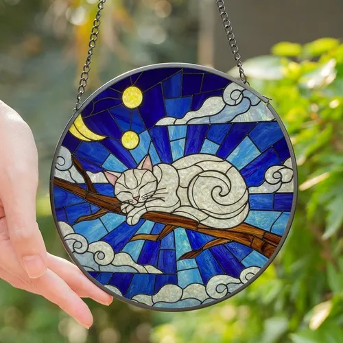 Cat Lovers' Tiffany-Style Sleeping White Cat, Indigo Night Sky, Yellow Moon & Stars Stained Glass Mosaic Stained Glass Suncatcher