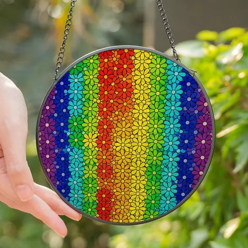 Vibrant Style Seekers' Stained Glass Rainbow Daisy Mosaic Jewel Tone Floral Pattern Stained Glass Suncatcher