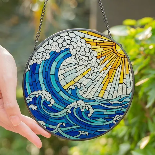 Ocean Enthusiasts' Vibrant Tiffany Stained Glass Crashing Wave Golden Sun Jewel Tone Mosaic Pattern Stained Glass Suncatcher