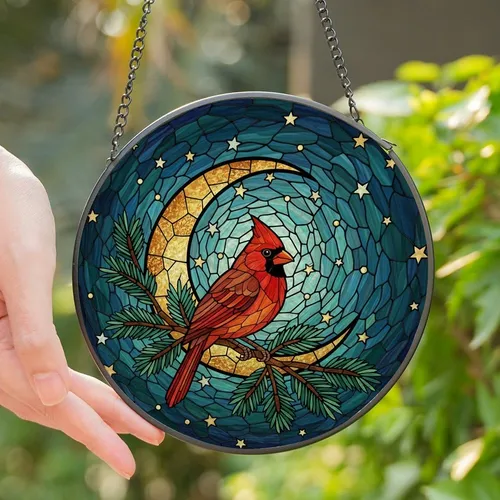Nature Lovers' Vibrant Red Cardinal Pine Branch Tiffany Stained Glass Mosaic Celestial Crescent Moon Jewel Tones Stained Glass Suncatcher