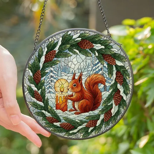 Nature & Winter Art Lovers' Vibrant Stained Glass Red Squirrel Winter Forest Candle Jewel Tones Pattern Stained Glass Suncatcher