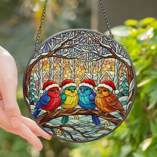 Christmas Lovers' Jewel Tone Stained Glass Songbirds Santa Hats Winter Forest Mosaic Stained Glass Suncatcher