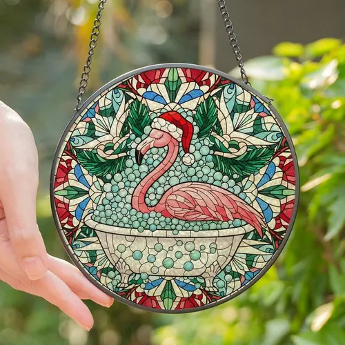 Christmas Art Collectors' Tiffany Style Stained Glass Flamingo Bathtub Mosaic Ruby Red Emerald Green Stained Glass Suncatcher