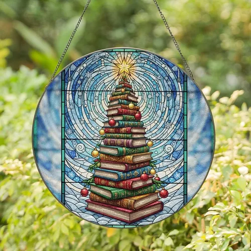 Book Lovers' Christmas Stained Glass Book Tree Jewel Tone Winter Mosaic Stained Glass Suncatcher