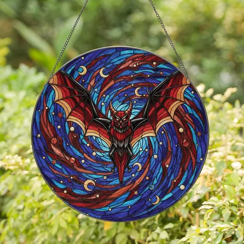 Fantasy Art Enthusiasts' Intricate Tiffany Stained Glass Bat, Vivid Red Black Copper Gold Midnight Blue Swirling Vortex Mosaic Stained Glass Suncatcher