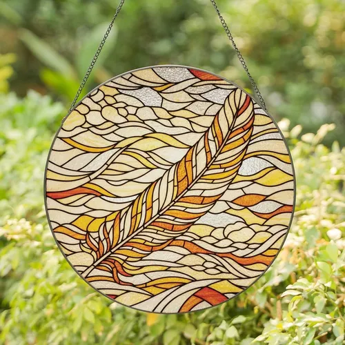 Art Lovers' Elegant Tiffany-Style Stained Glass Feather Amber Orange Yellow Cream Radiant Mosaic Stained Glass Suncatcher