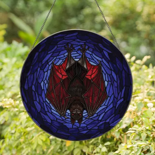 Gothic Art Admirers' Tiffany Style Bat Ruby Red Indigo Swirl Stained Glass Art Stained Glass Suncatcher