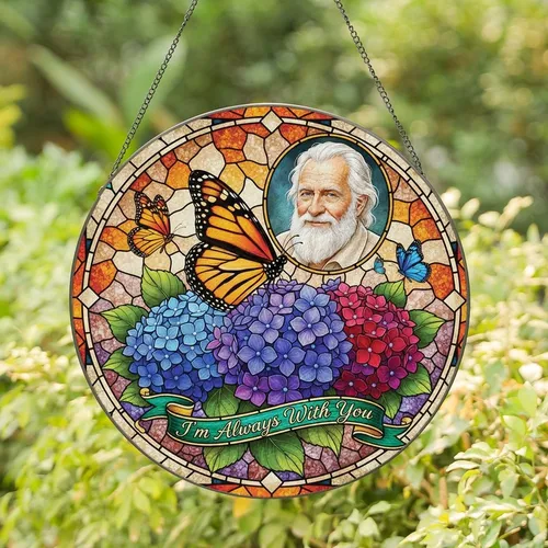 Nature & Family Art Lovers Vibrant Tiffany Glass Monarch Butterfly Hydrangea Mosaic Grandfather Portrait 'Always With You' Script Stained Glass Suncatcher