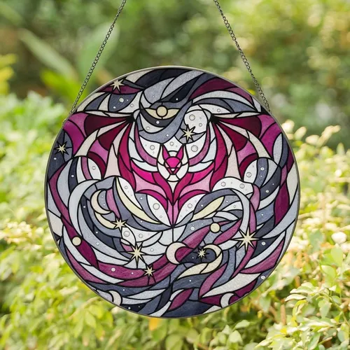 Nature Mystics Vibrant Tiffany Stained Glass Bat Art Magenta Fuchsia Charcoal Gray Celestial Pattern Stained Glass Suncatcher