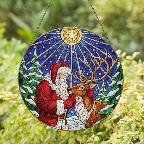 Holiday Lover's Stained Glass Santa Reindeer Forest Blue Starry Night Jewel Tones Stained Glass Suncatcher