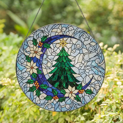 Winter Dreamers' Vibrant Tiffany Stained Glass Crescent Moon Christmas Tree Holly Frost Mosaic Stained Glass Suncatcher